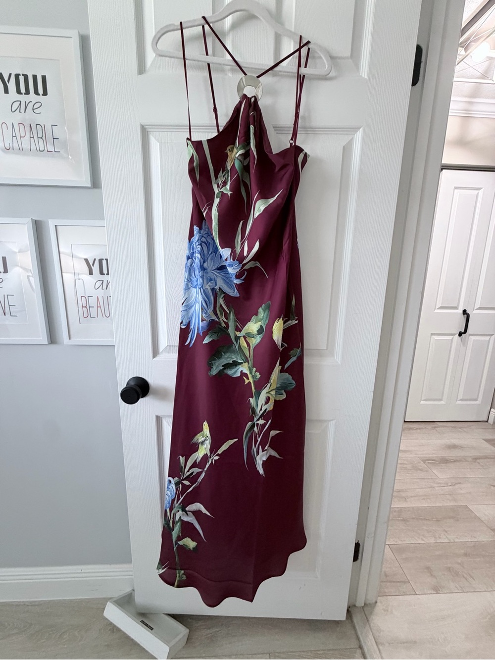 Anthropologie maxi silk Floral Slip Dress with Blue Bloom on Burgundy